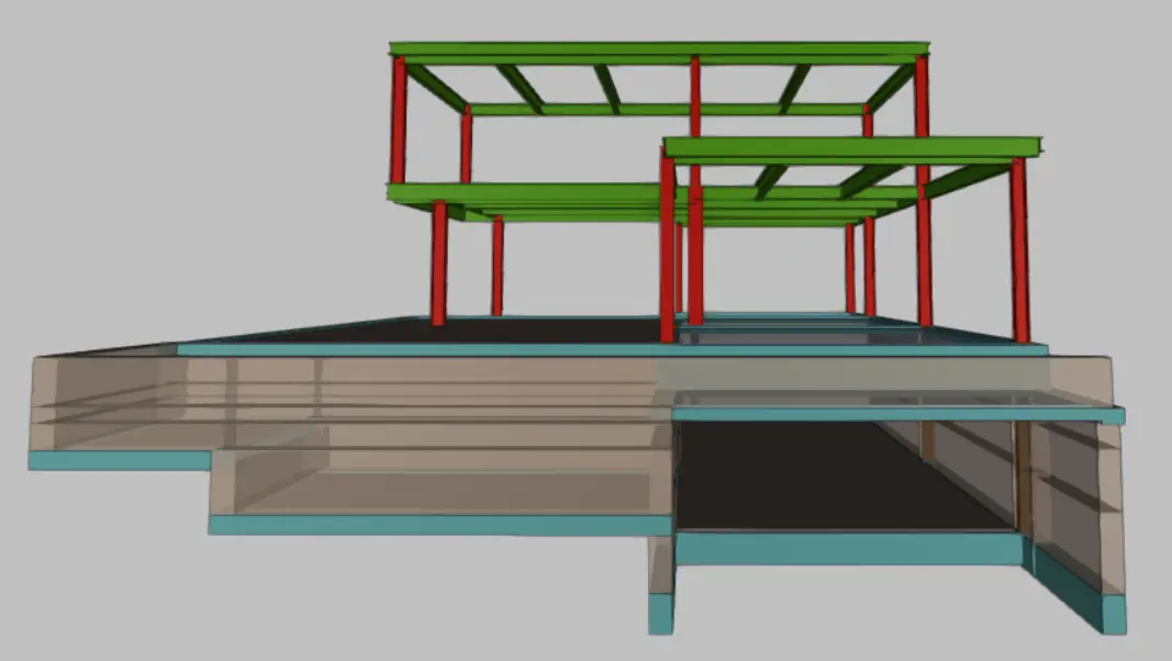 Vista frontal del modelo estructural de hormigón y acero de Villa Los Toneleros
